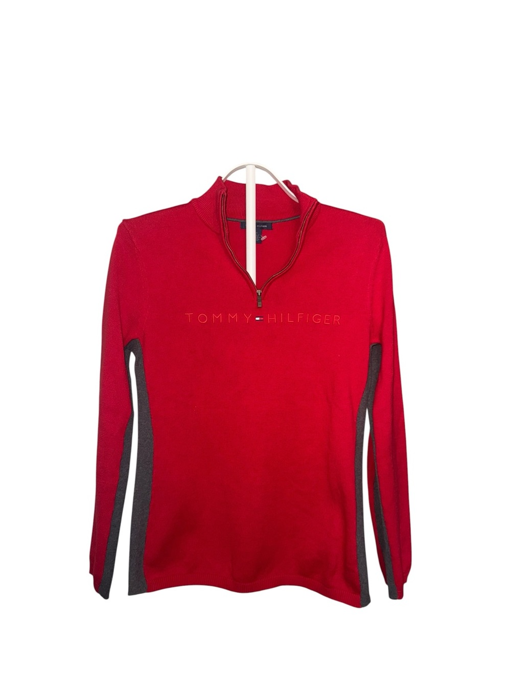 Tommy Hilfiger Red Quarter-Zip Sweatshirt with Gray Side Panels